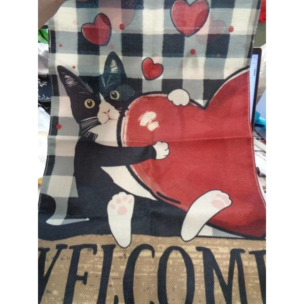 Yard Flag Decoration WELCOME Tuxedo Black White Cat Hearts 12 1/2